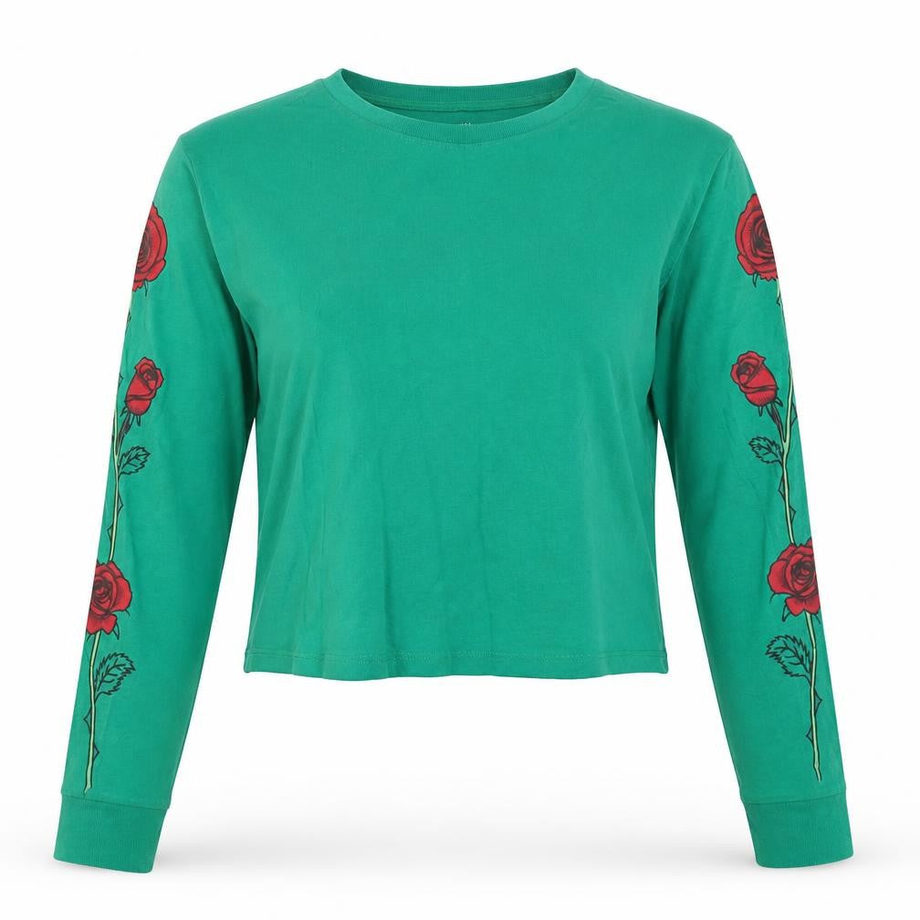 Hollister Women's Green Graphic Long Sleeve Cropped T-Shirt S