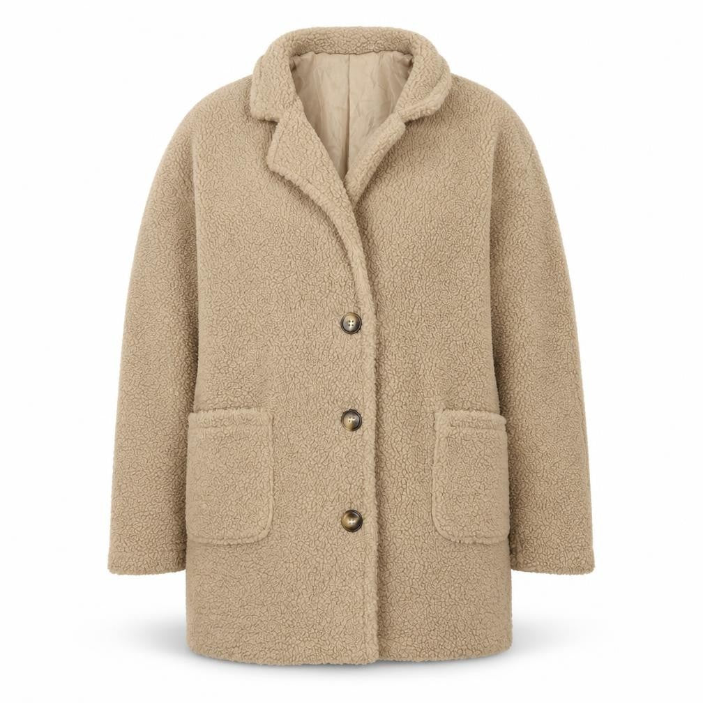 In The Style Women Beige Faux Fur Teddy Coat Size 14 Button Up Lined