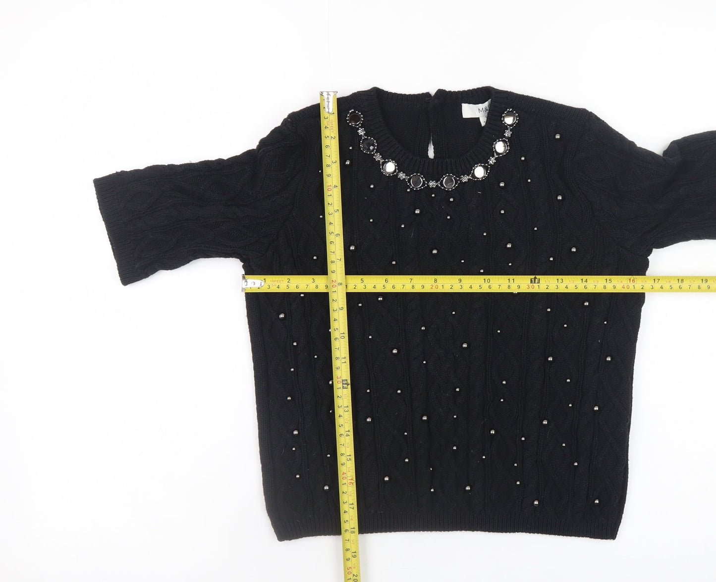 Marks and Spencer Women's Black Beaded Cable Knit Short Sleeve Jumper Size S