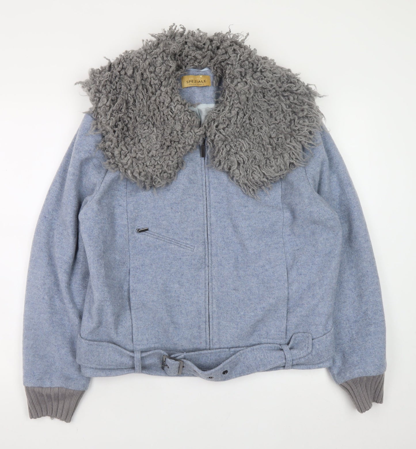 Marks and Spencer Women Blue Wool Belted Biker Jacket Size 16