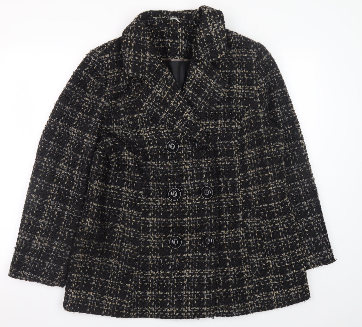 Bm Collection Women's Black Wool Blend Tweed Pea Coat Size 16