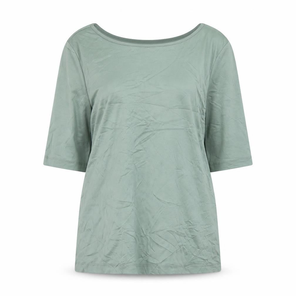 Front view of Jaeger women’s green cotton stretch 3/4 sleeve scoop neck top, size UK 12