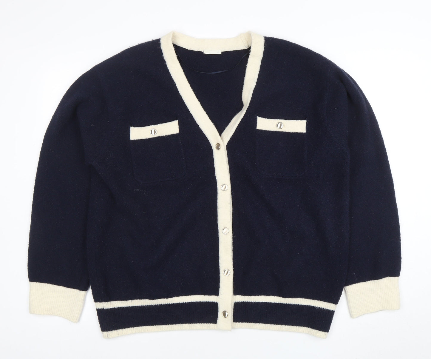 GU Women’s Blue and Cream Cardigan XL V-Neck Knit Jumper