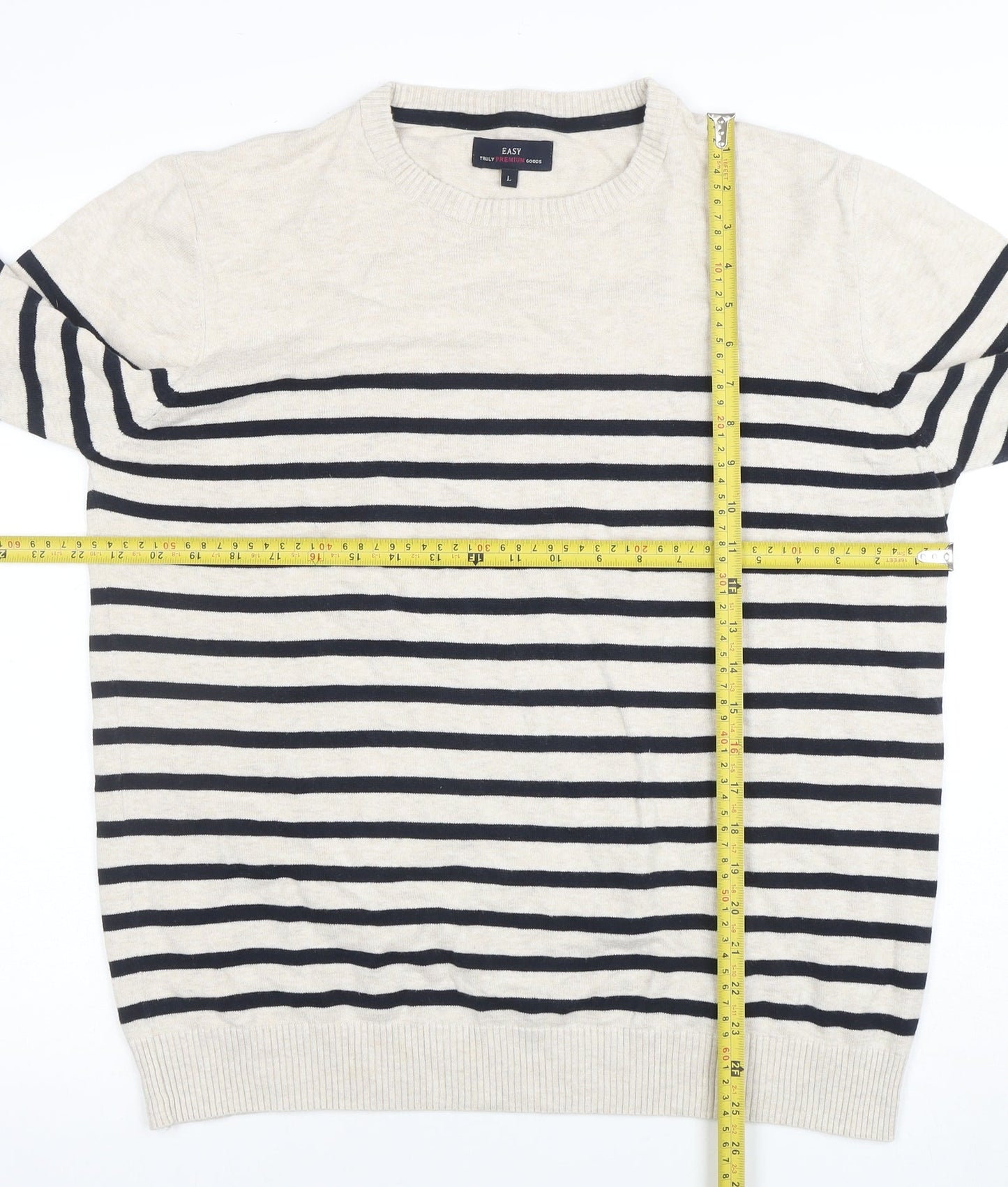 EASY Men’s Beige Striped Cotton Crew Neck Pullover Jumper L