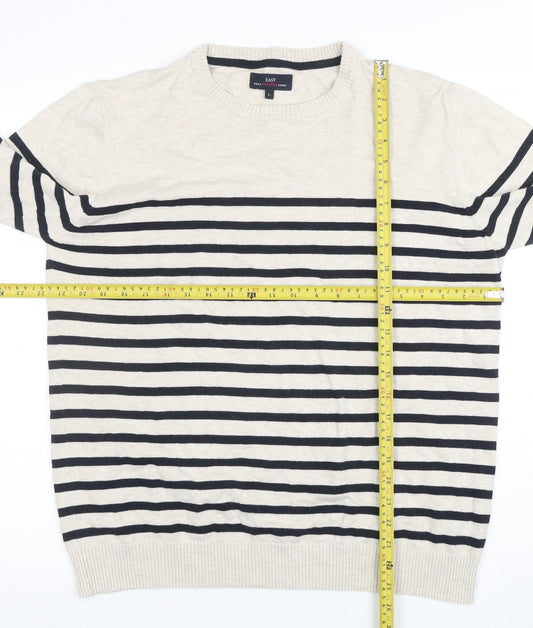 EASY Men’s Beige Striped Cotton Crew Neck Pullover Jumper L