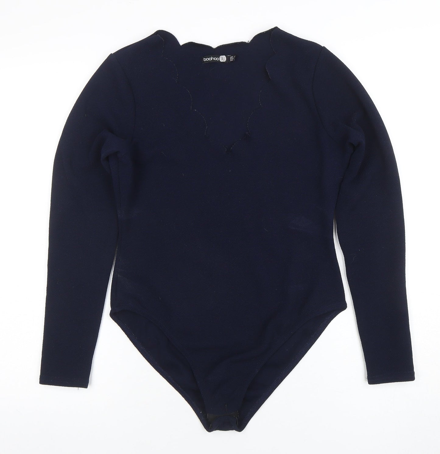 Boohoo Women Navy Long Sleeve Scallop Neck Bodysuit UK 12