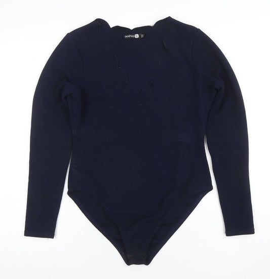 Boohoo Women Navy Long Sleeve Scallop Neck Bodysuit UK 12
