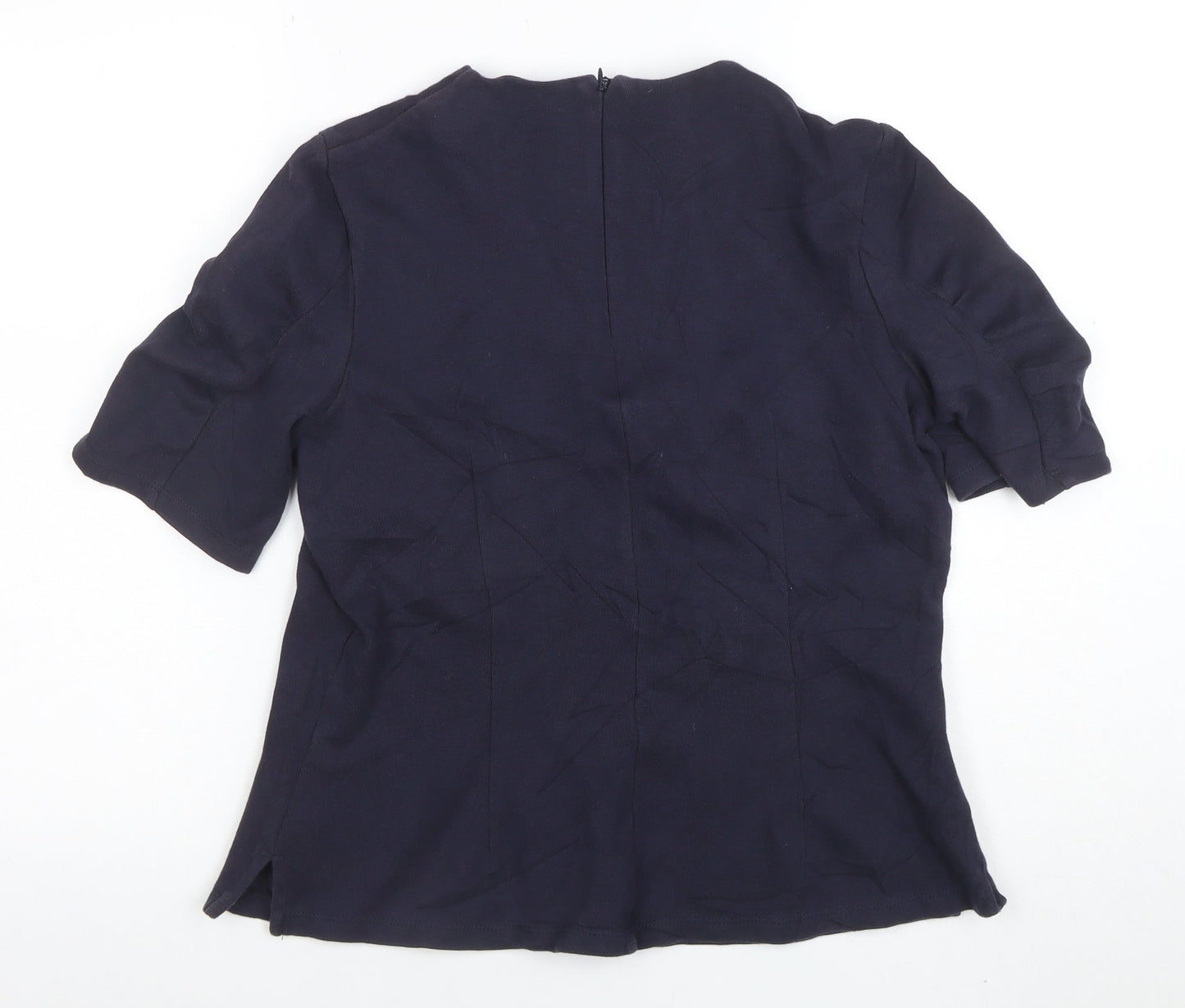Marks and Spencer Women’s Navy Blue Cotton Blend Short Sleeve High Neck Blouse UK 14