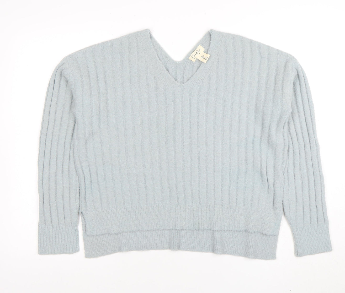 Jessica Simpson Women Blue V-Neck Ribbed Pullover Jumper L