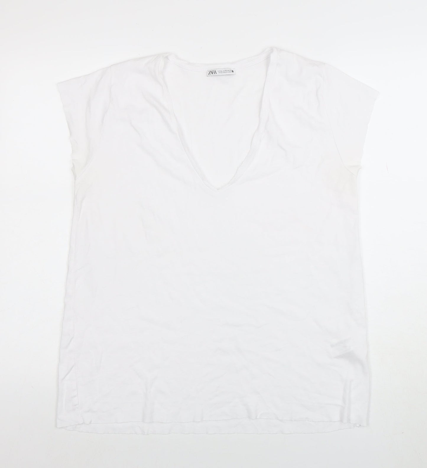 ZARA Women White Basic V-Neck Cotton T-Shirt Size XL