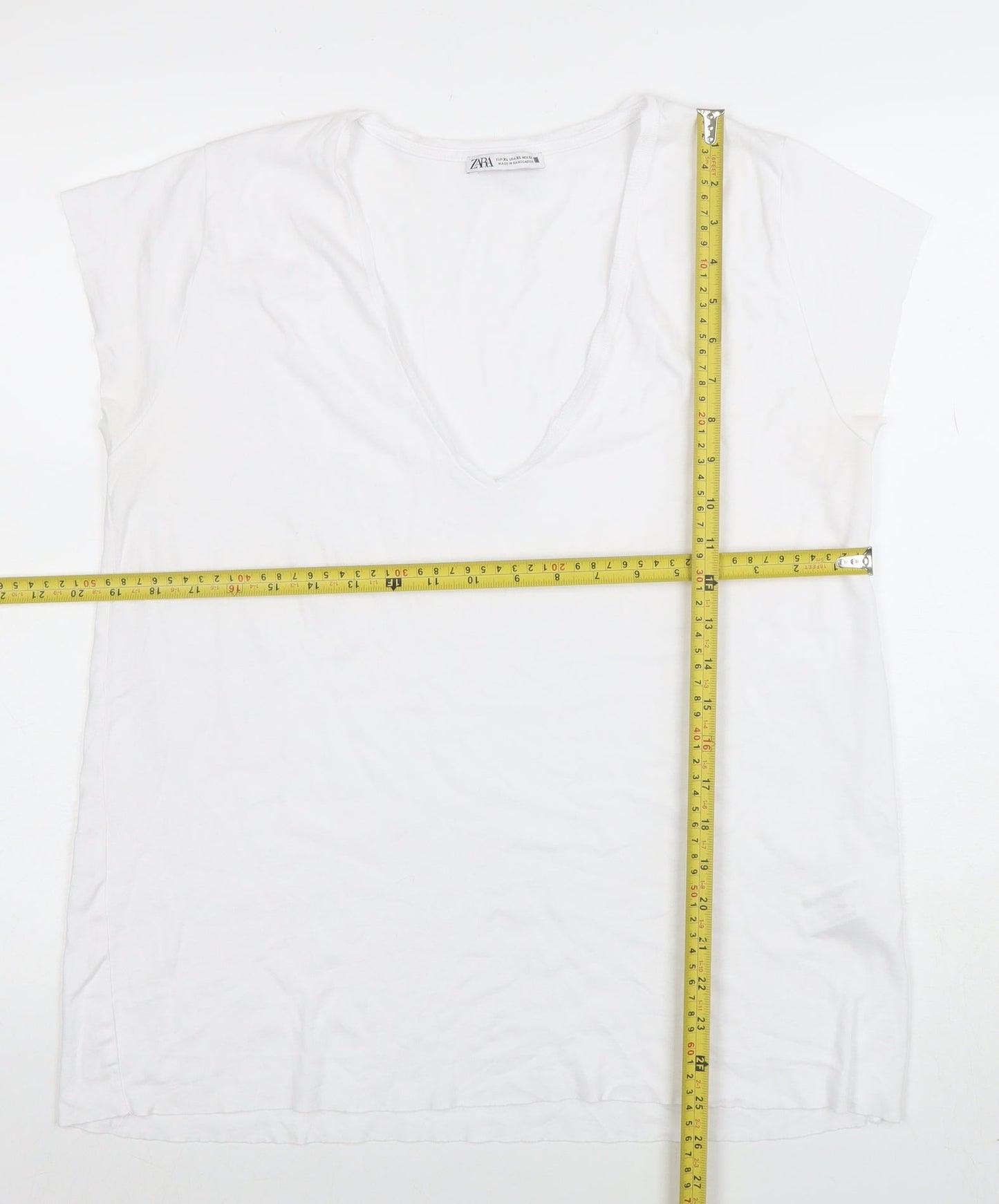 ZARA Women White Basic V-Neck Cotton T-Shirt Size XL
