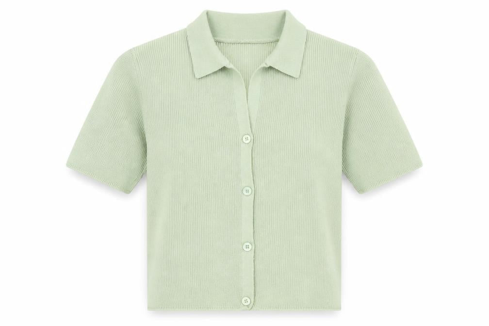 Front view of ASOS Design Women's Green Cardigan UK 6 Short Sleeve Collared Knit