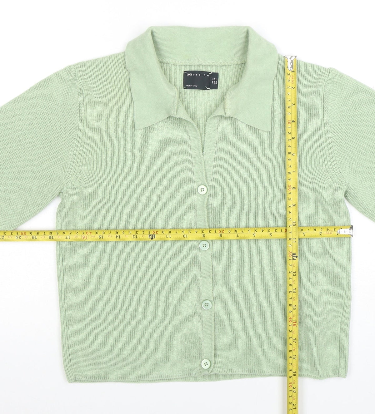 Back view of ASOS Design Women's Green Cardigan UK 6 Short Sleeve Collared Knit
