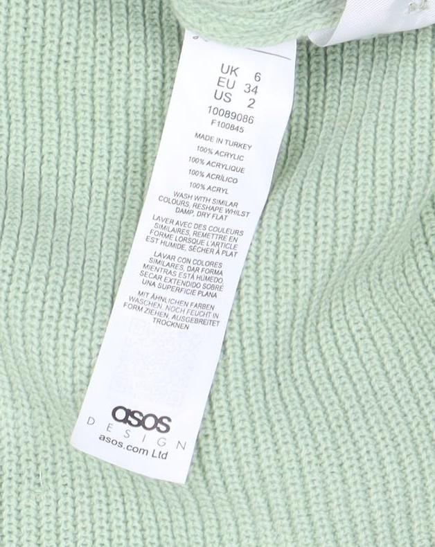 Brand and care label for ASOS Design Women's Green Cardigan UK 6 Short Sleeve Collared Knit