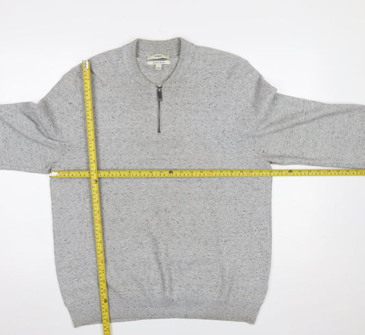 Marks and Spencer Men's Grey L 1/2 Zip Cotton Blend Jumper