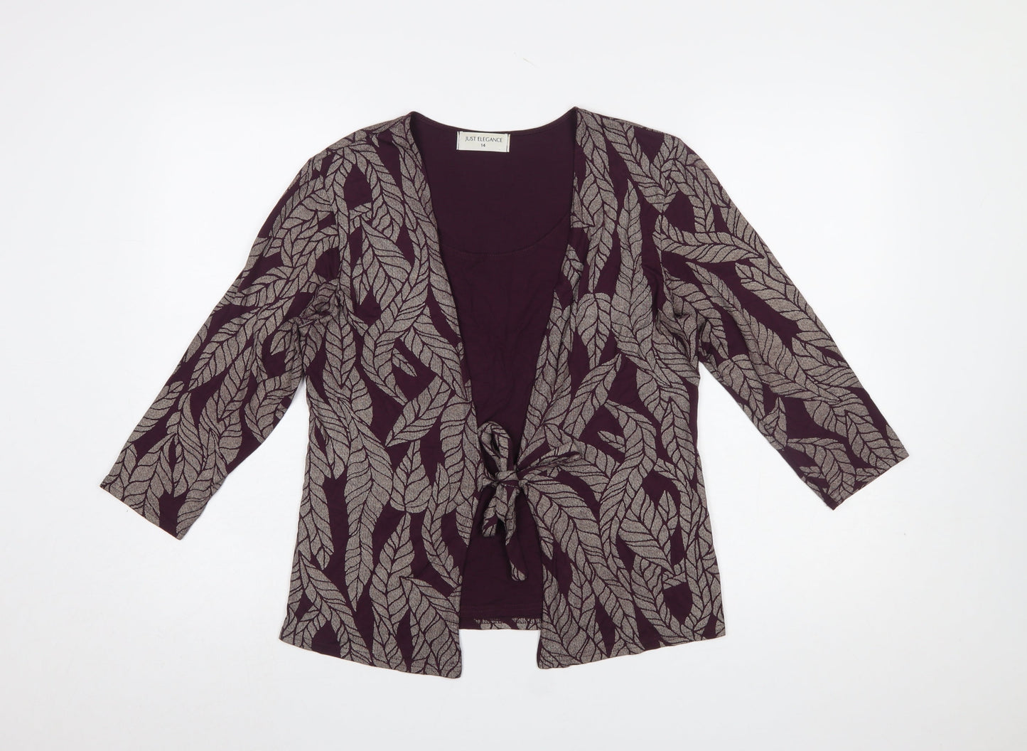 Just Elegance Women Purple Leaf Print Tie Front Tunic Blouse Size 14