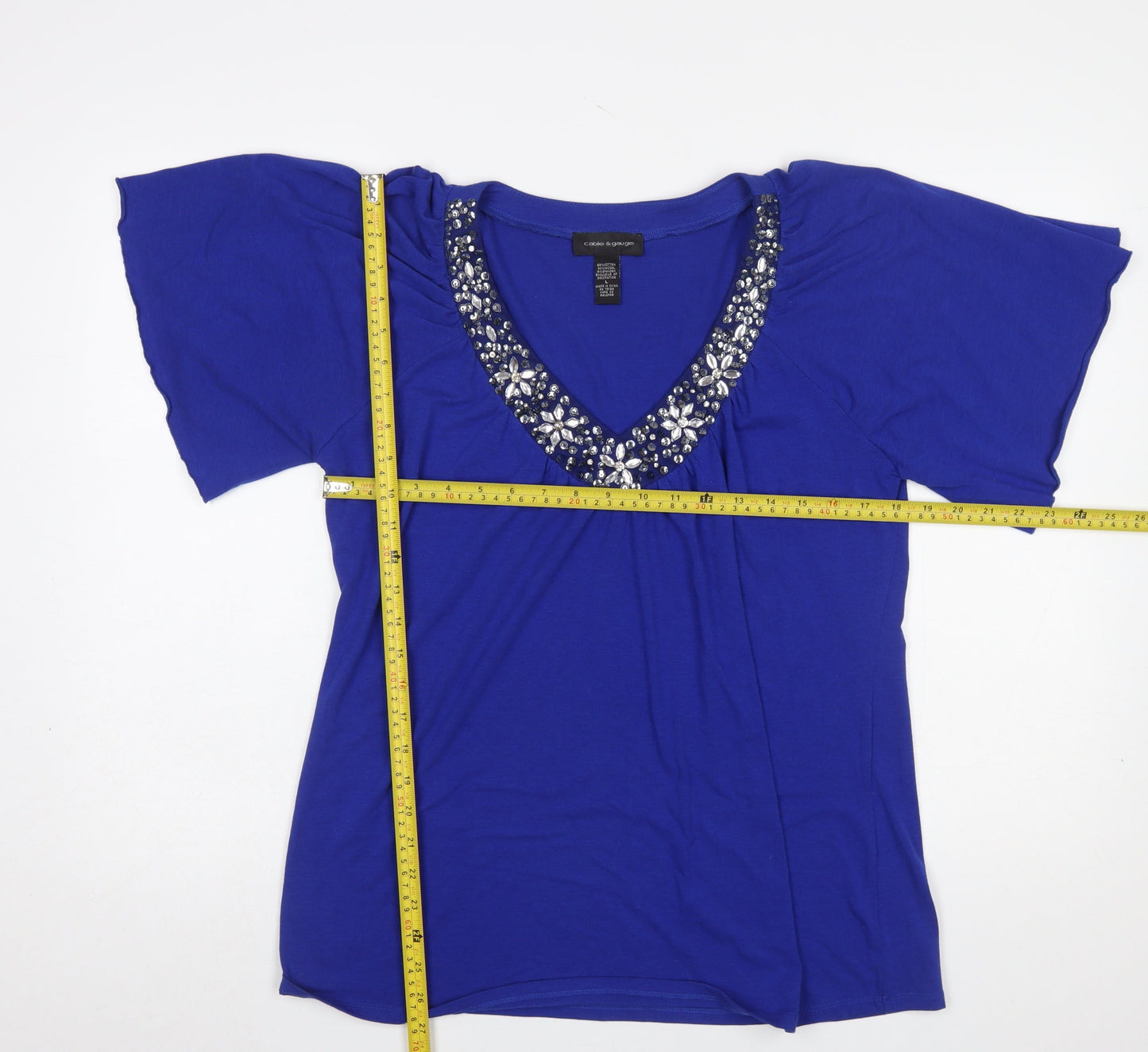 Cable & Gauge Women's Blue Beaded V-Neck Short Sleeve Top Size L