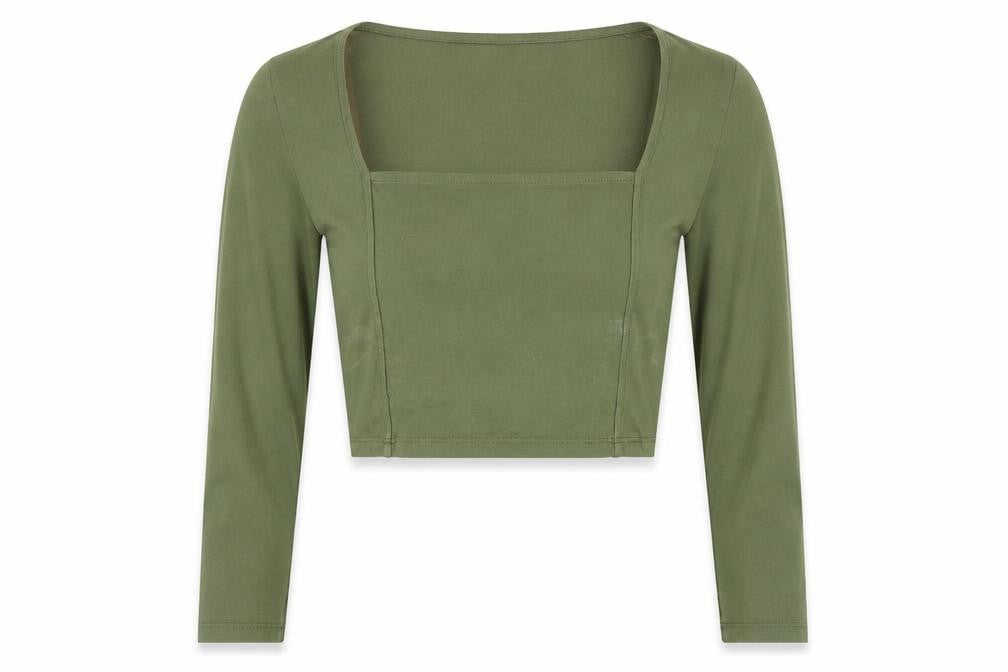 Front view of ASOS DESIGN Women’s Green Cropped Long Sleeve Square Neck Top UK 10