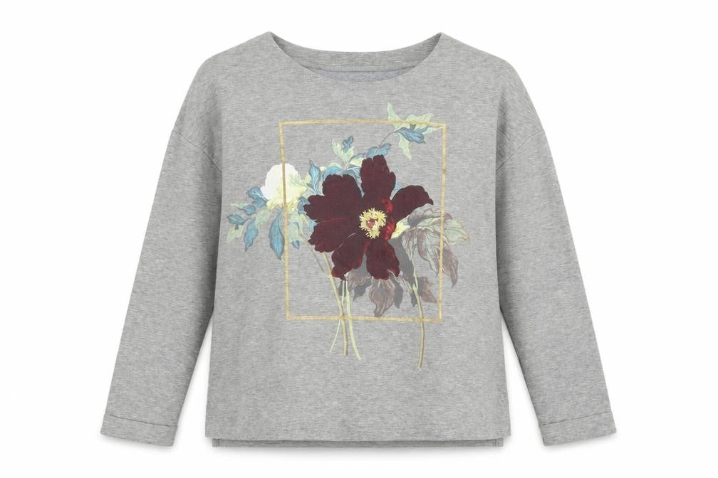 Marks and Spencer Women's Grey Floral Long Sleeve Jersey T-Shirt Size 14