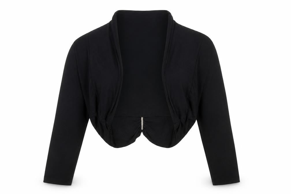 Front view of Kaleidoscope Women Black Cropped Long Sleeve Jersey Shrug UK 14