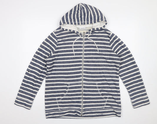 Yessica C&A Women Blue White Striped Full Zip Hoodie XL