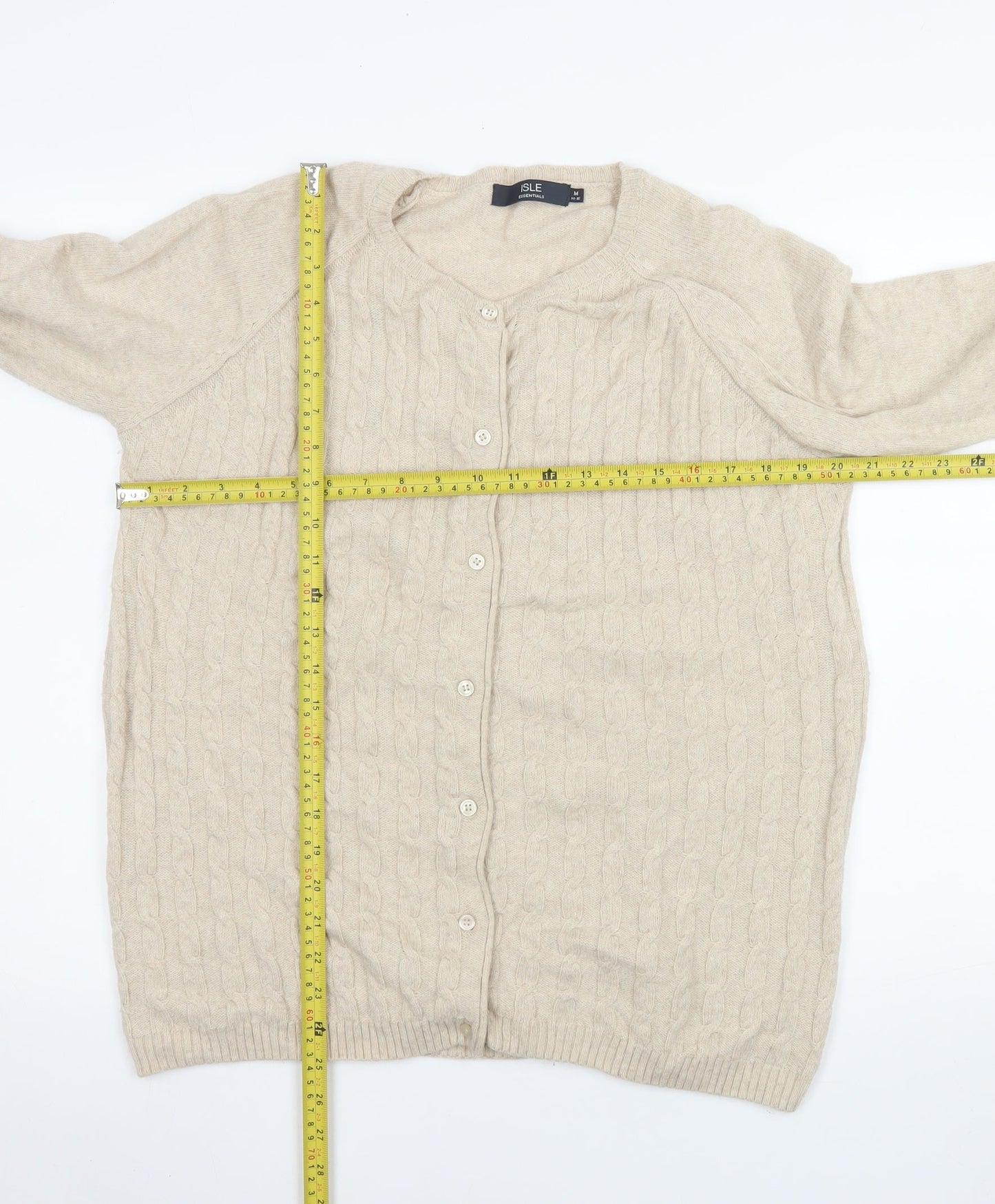 ISLE Essentials Womens Beige Cable Knit Cardigan Size 14-16 Wool Blend