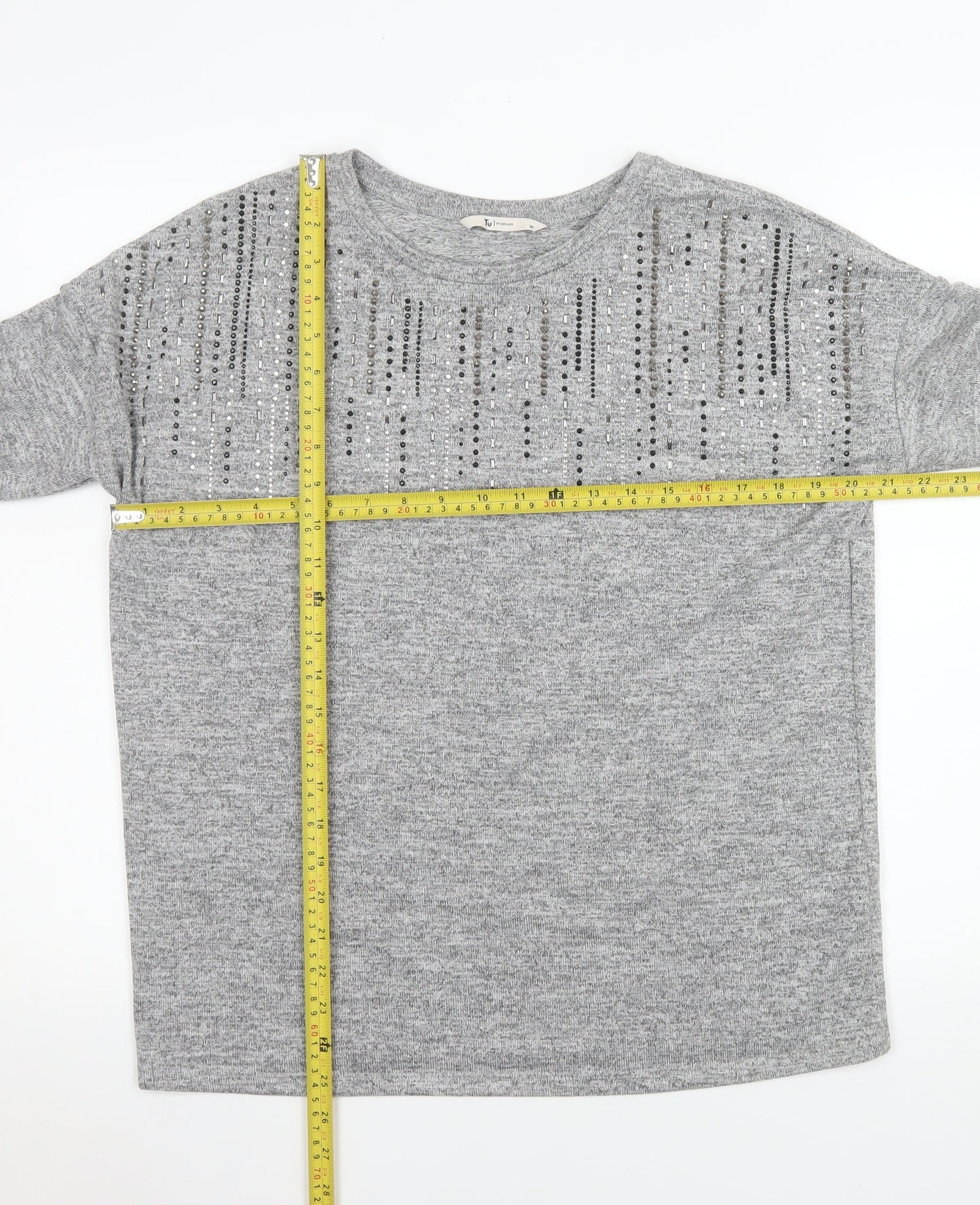Tu Woman Grey Embellished Long Sleeve Tunic Top Size 10