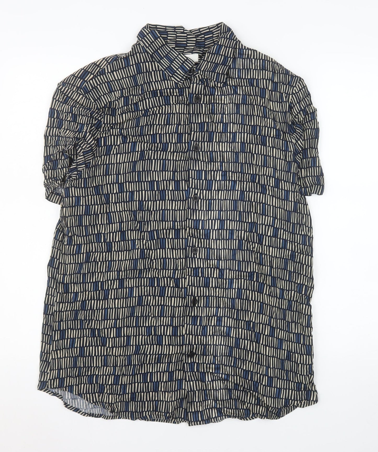 Marks and Spencer Men's Blue Geometric Short Sleeve Viscose Shirt M