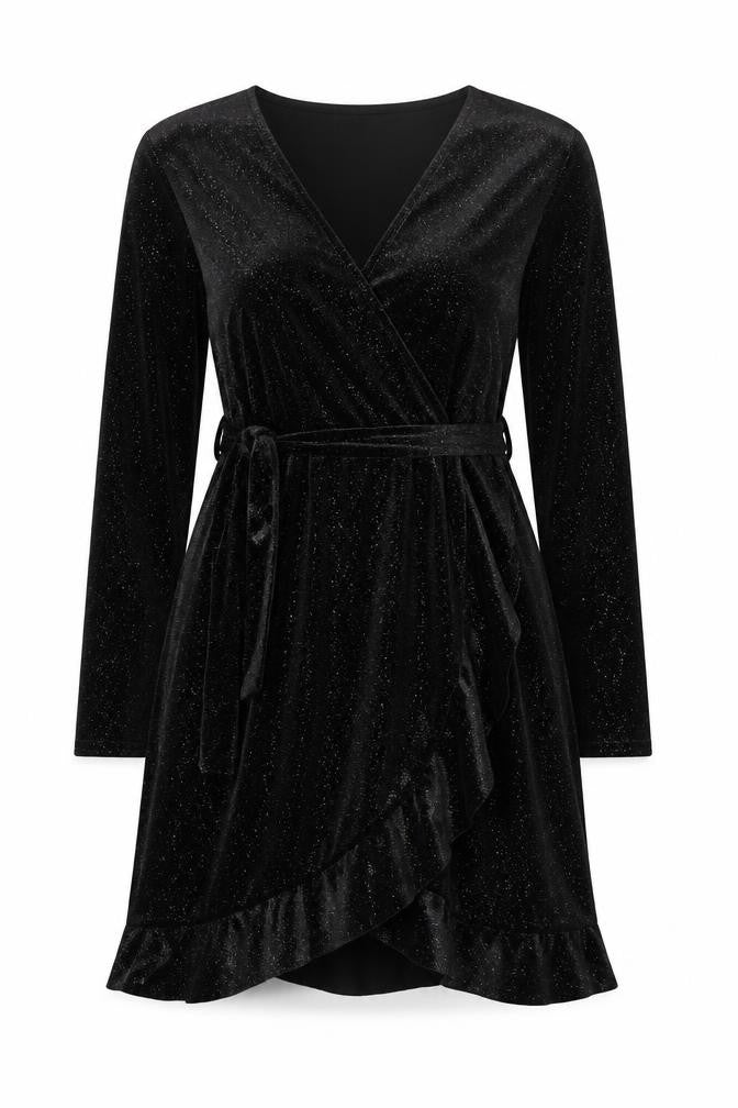Quiz Women Black Size 14 Wrap Velvet Long Sleeve Party Dress