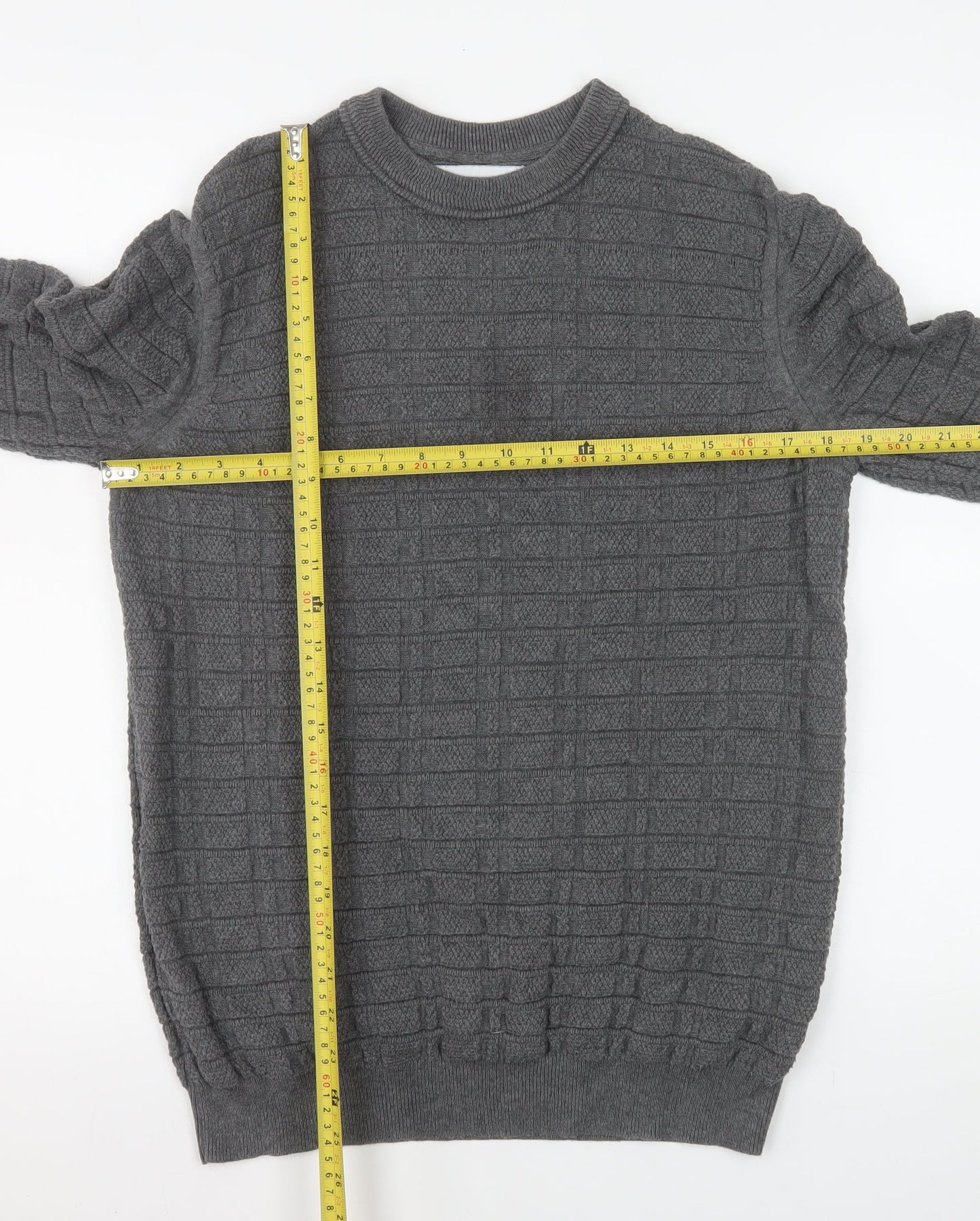 Nigel Hall Men's Grey Cotton Waffle Knit Crew Neck Jumper M