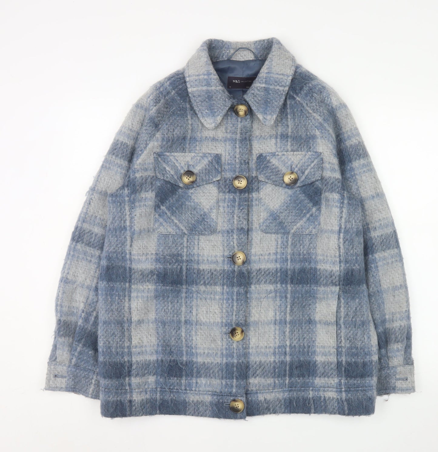 Marks and Spencer Women Blue Check Wool Blend Mid-Length Jacket Size 10