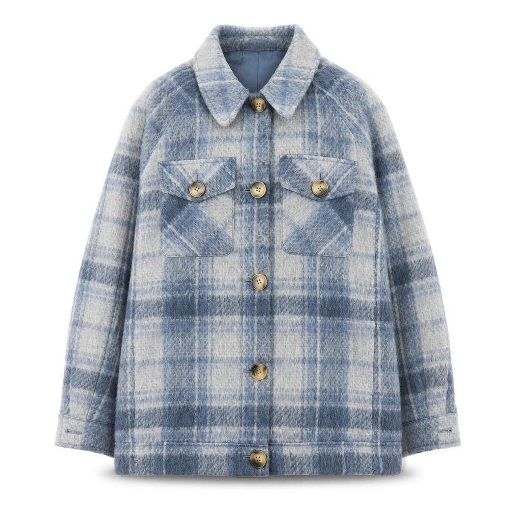 Marks & Spencer Women Blue Check Wool Blend Mid-Length Jacket Size 10