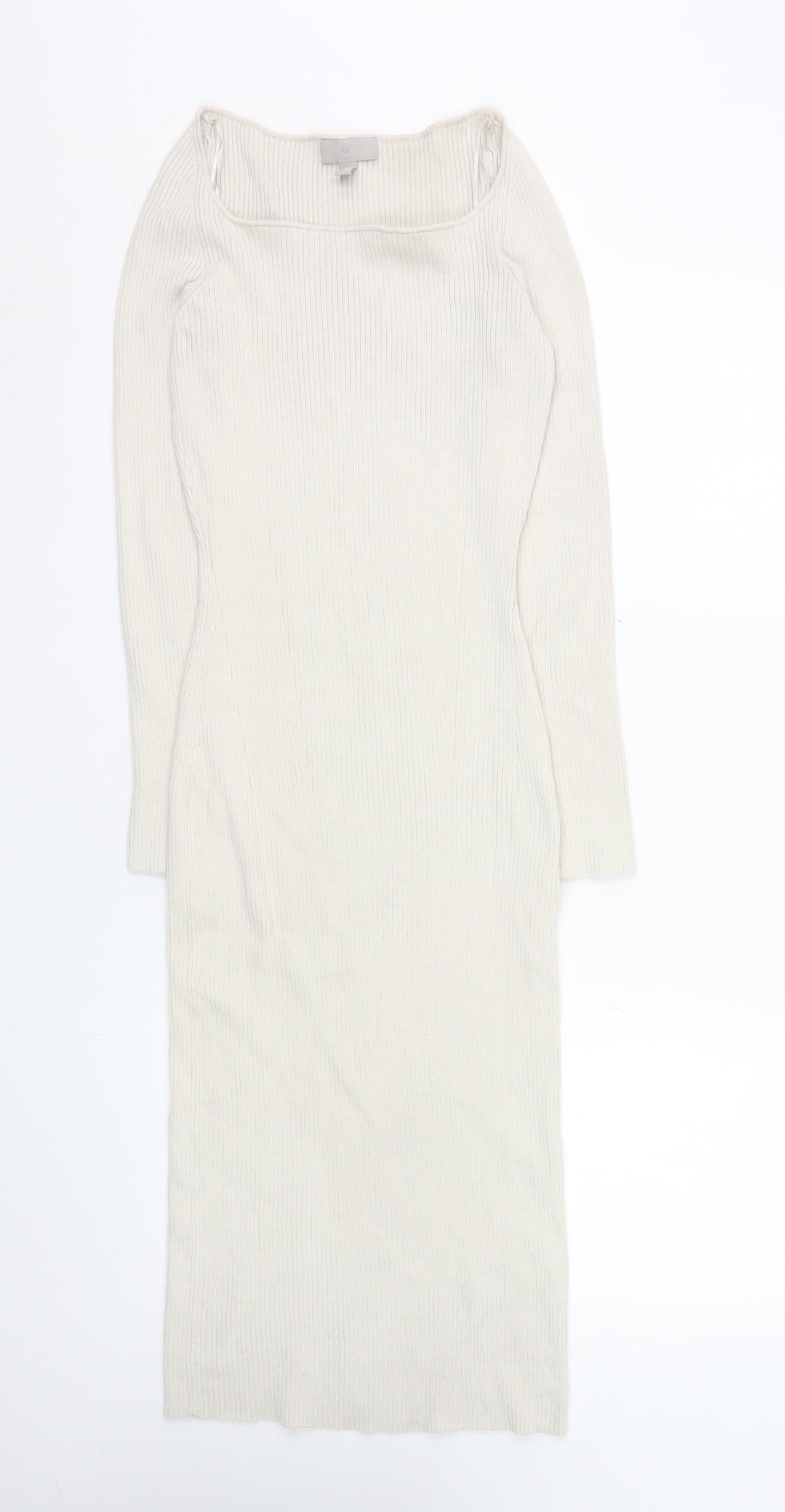H&M Women Ivory Knit Bodycon Midi Dress Size 10 Long Sleeve