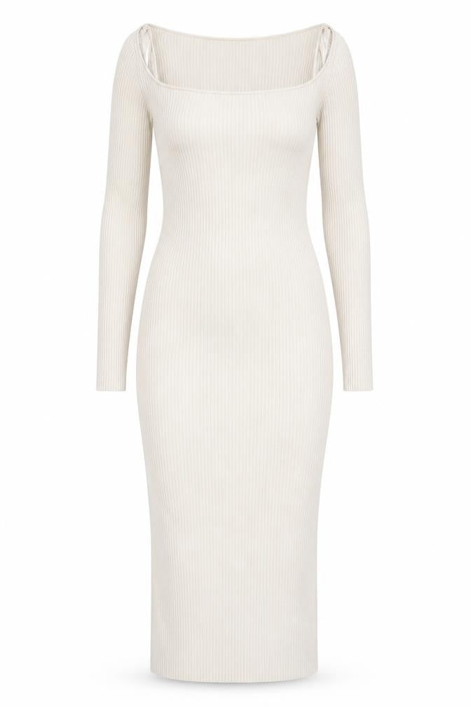 H&M Women Ivory Knit Bodycon Midi Dress Size 10 Long Sleeve