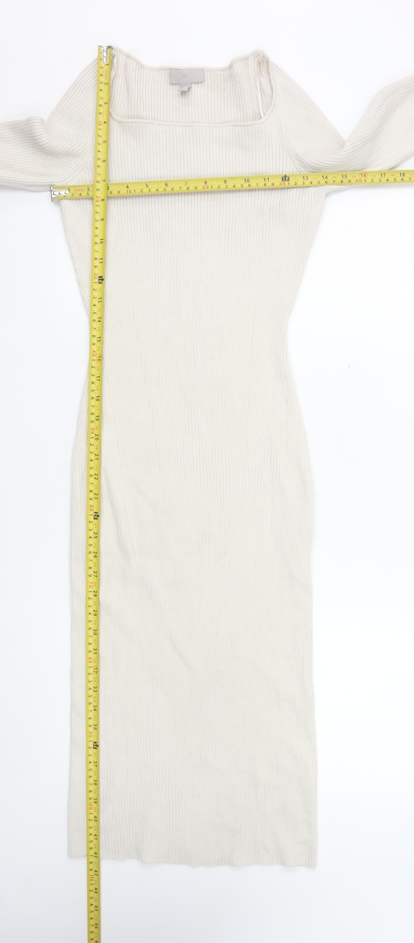 H&M Women Ivory Knit Bodycon Midi Dress Size 10 Long Sleeve