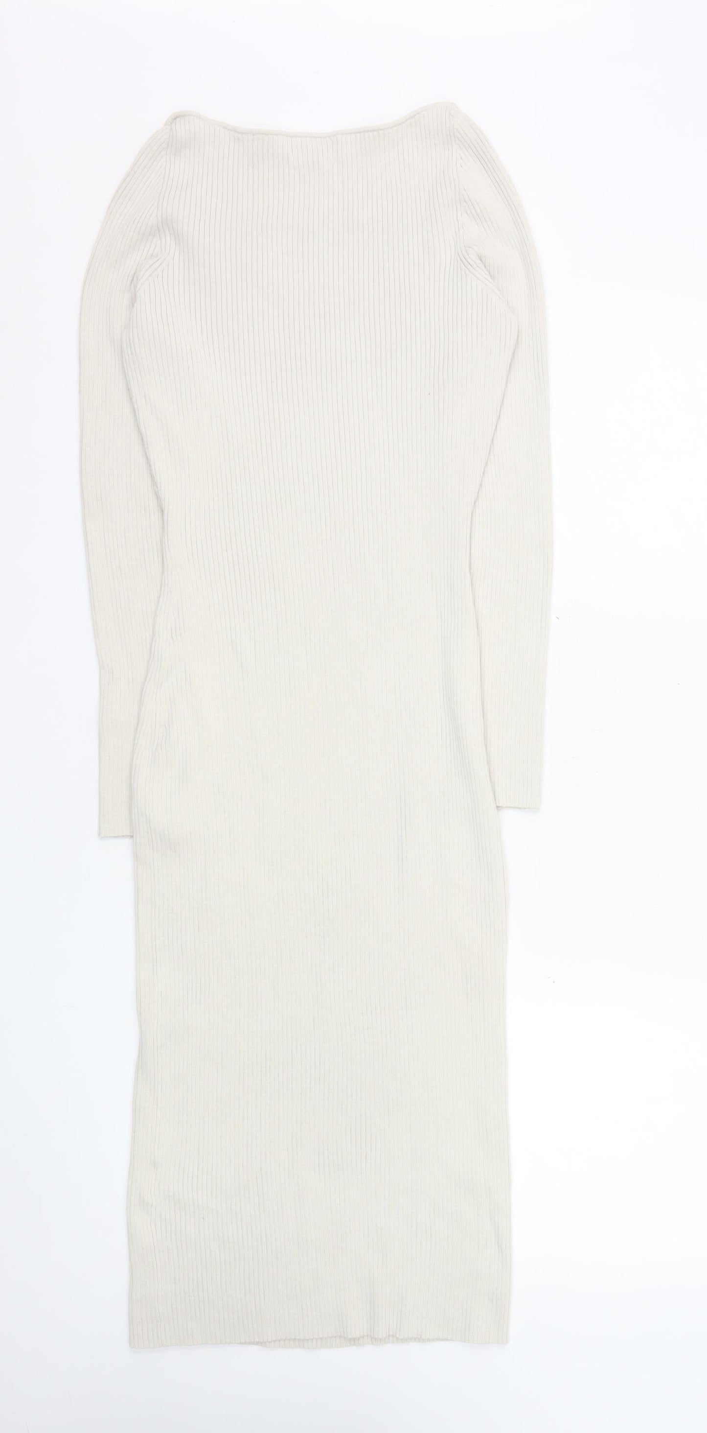 H&M Women Ivory Knit Bodycon Midi Dress Size 10 Long Sleeve