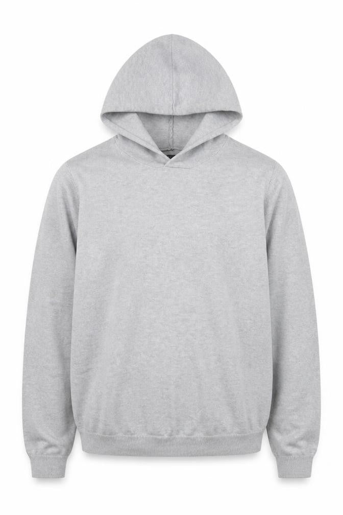 Front view of ASOS DESIGN men’s grey knit pullover hoodie, size S, regular fit