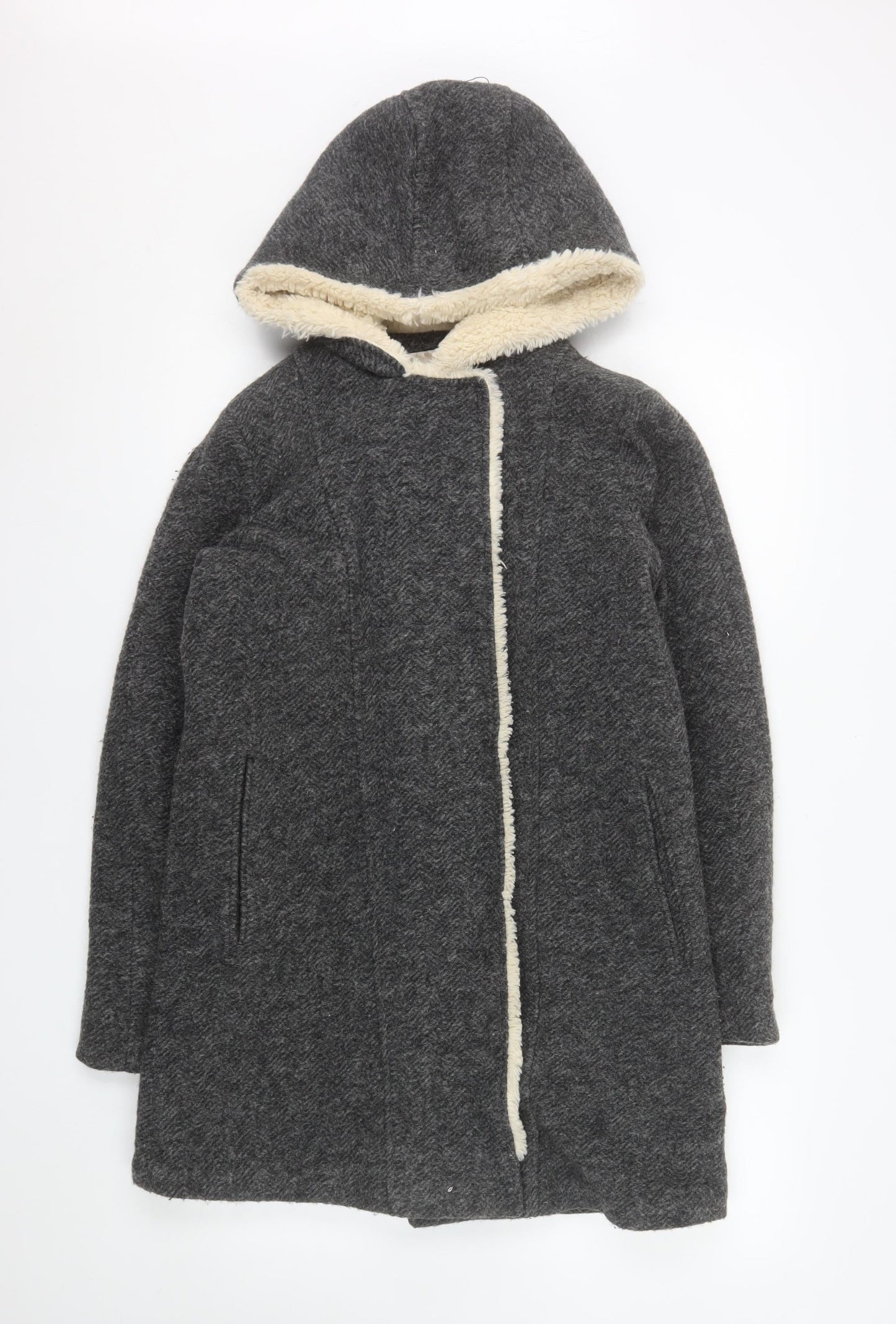 Zara Women Grey Wool Blend Hooded Long Coat XS