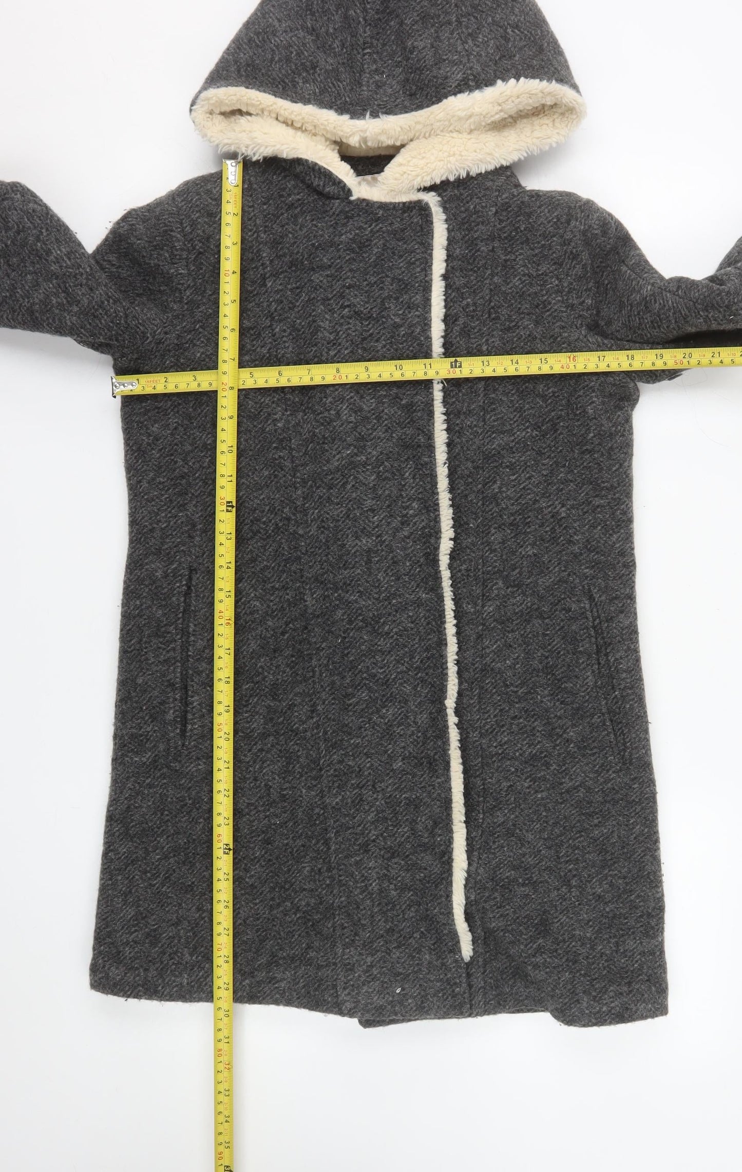 Zara Women Grey Wool Blend Hooded Long Coat XS
