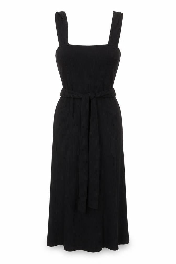 Front view of Miss Selfridge Women’s Black Bodycon Midi Dress, size UK 14, Stretch Knit