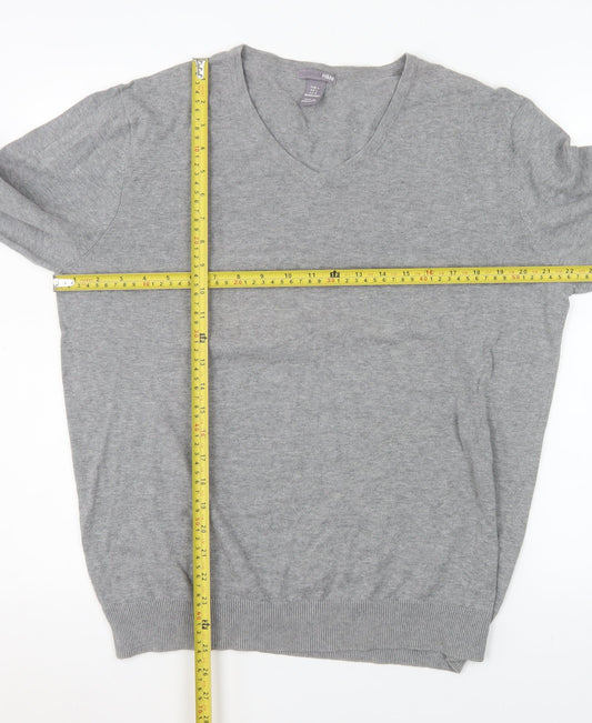 H&M Men Grey Cotton V-Neck Pullover Jumper Size L