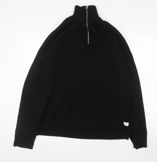 Jack & Jones Men Black 2XL High Neck 1/2 Zip Knit Sweatshirt