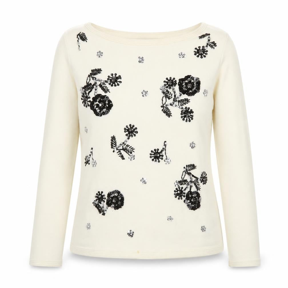 Monsoon Women Ivory Sequin Floral Knit Long Sleeve Blouse UK 12