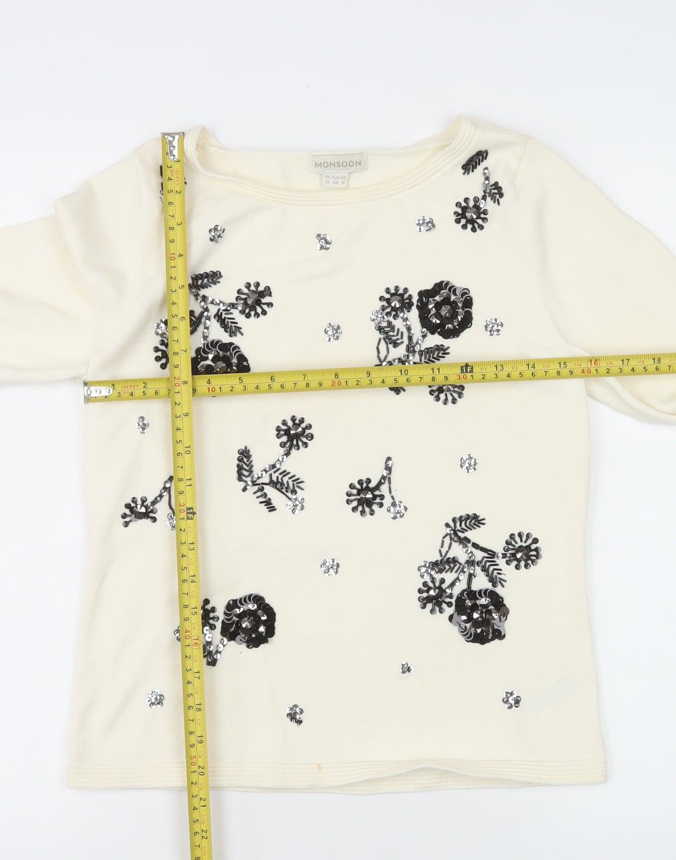 Monsoon Women Ivory Sequin Floral Knit Long Sleeve Blouse UK 12