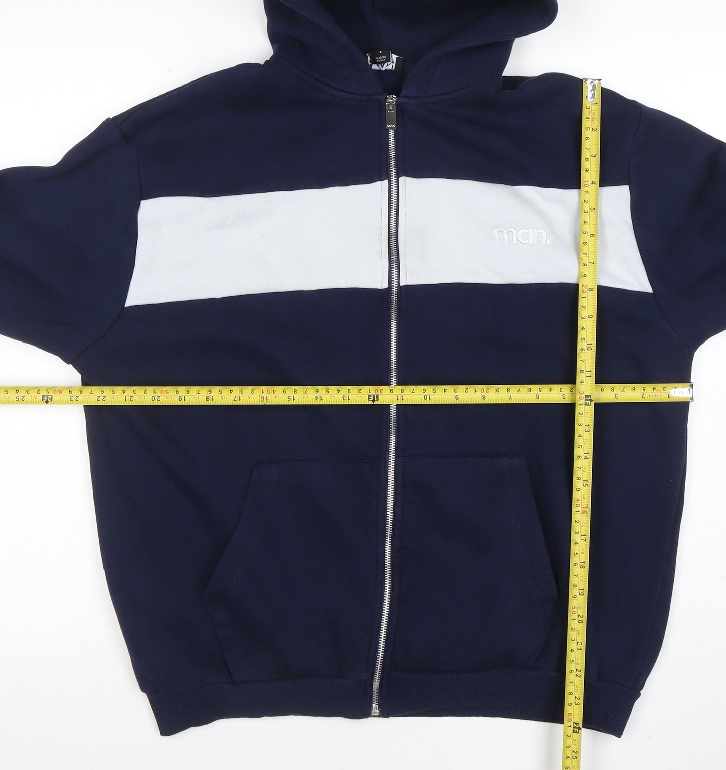 boohooMAN Men's Blue Full Zip Hoodie Size S Logo Design