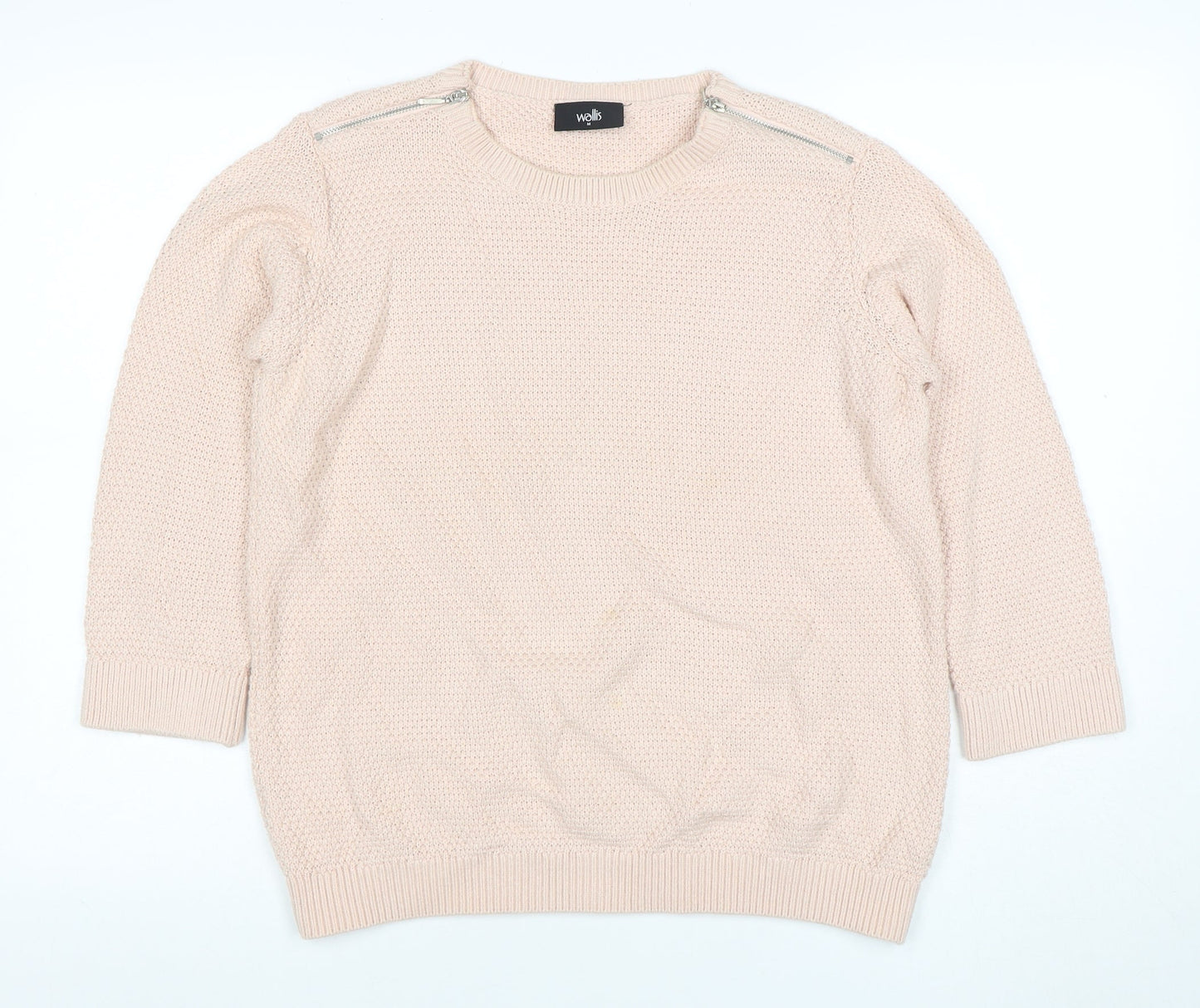 Wallis Women Beige Knit Zip Shoulder Jumper M 3/4 Sleeve