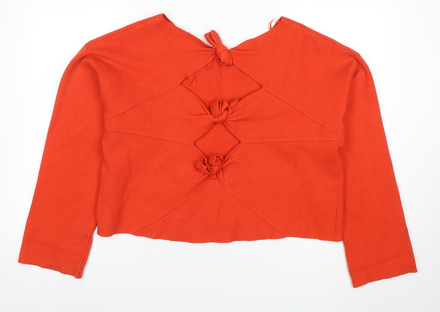 Zara Women Orange Knit Cropped Tie Back Blouse Size L