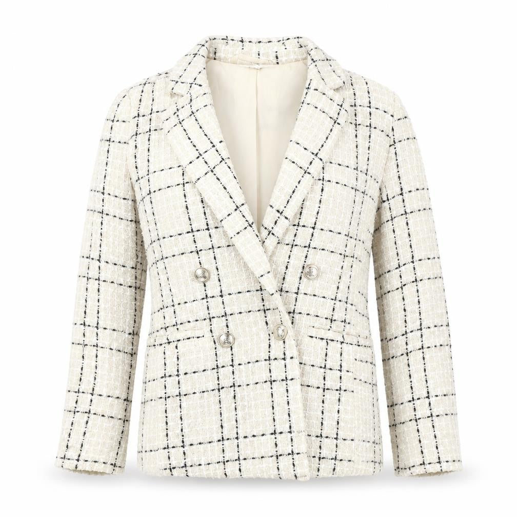 Front view of Miss Selfridge Women's Beige Black Check Tweed Double-Breasted Blazer UK 10