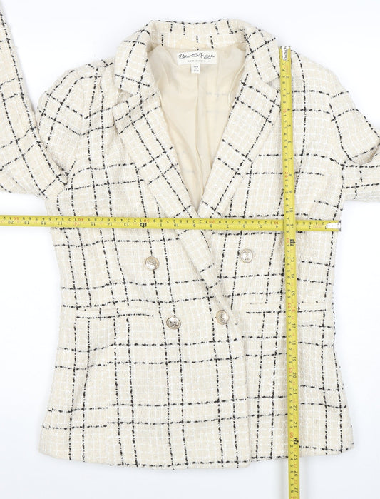 Miss Selfridge Women's Beige Black Check Tweed Double-Breasted Blazer UK 10
