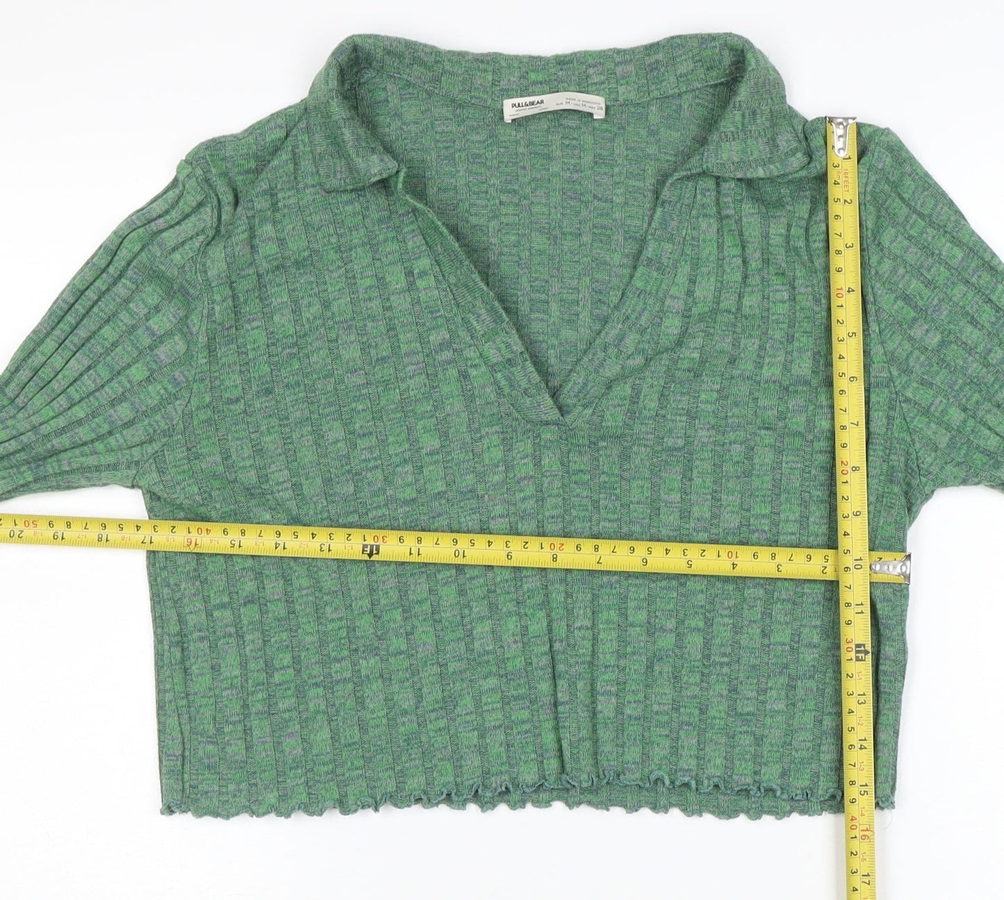 Pull&Bear Womens Green Cropped Collared Knit Long Sleeve Blouse Size M